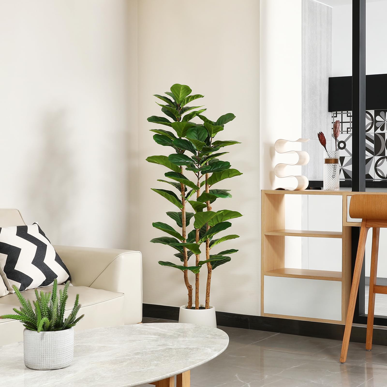 Artificial Fiddle Leaf Fig Tree with White Planter,5ft Tall Fake Tree