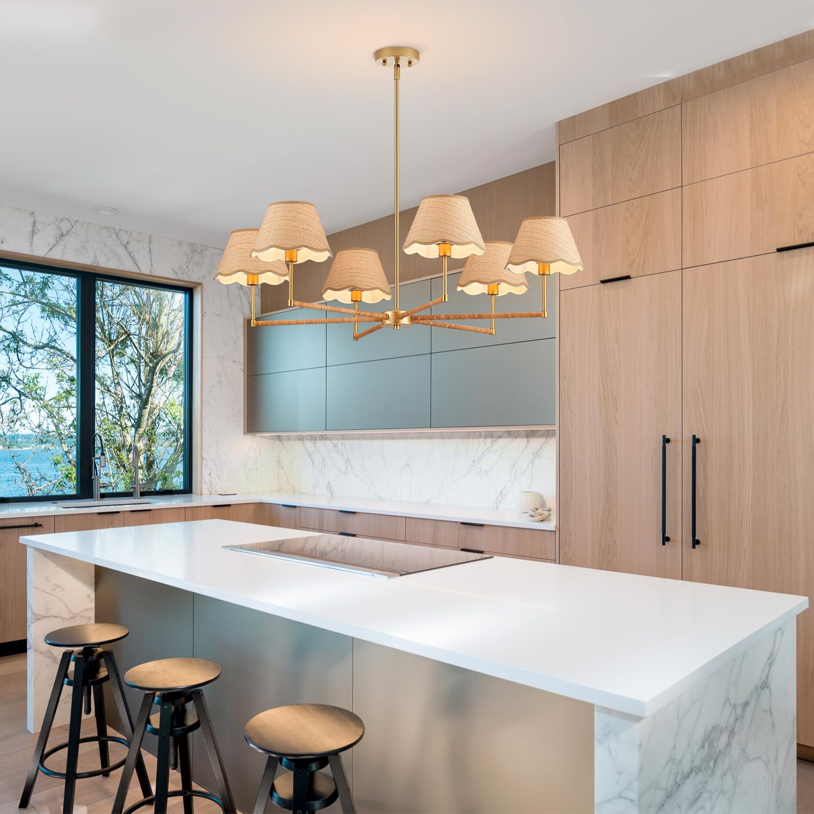 39” Boho Rattan Chandelier 6-Lights Rustic Industrial Pendant Light Large