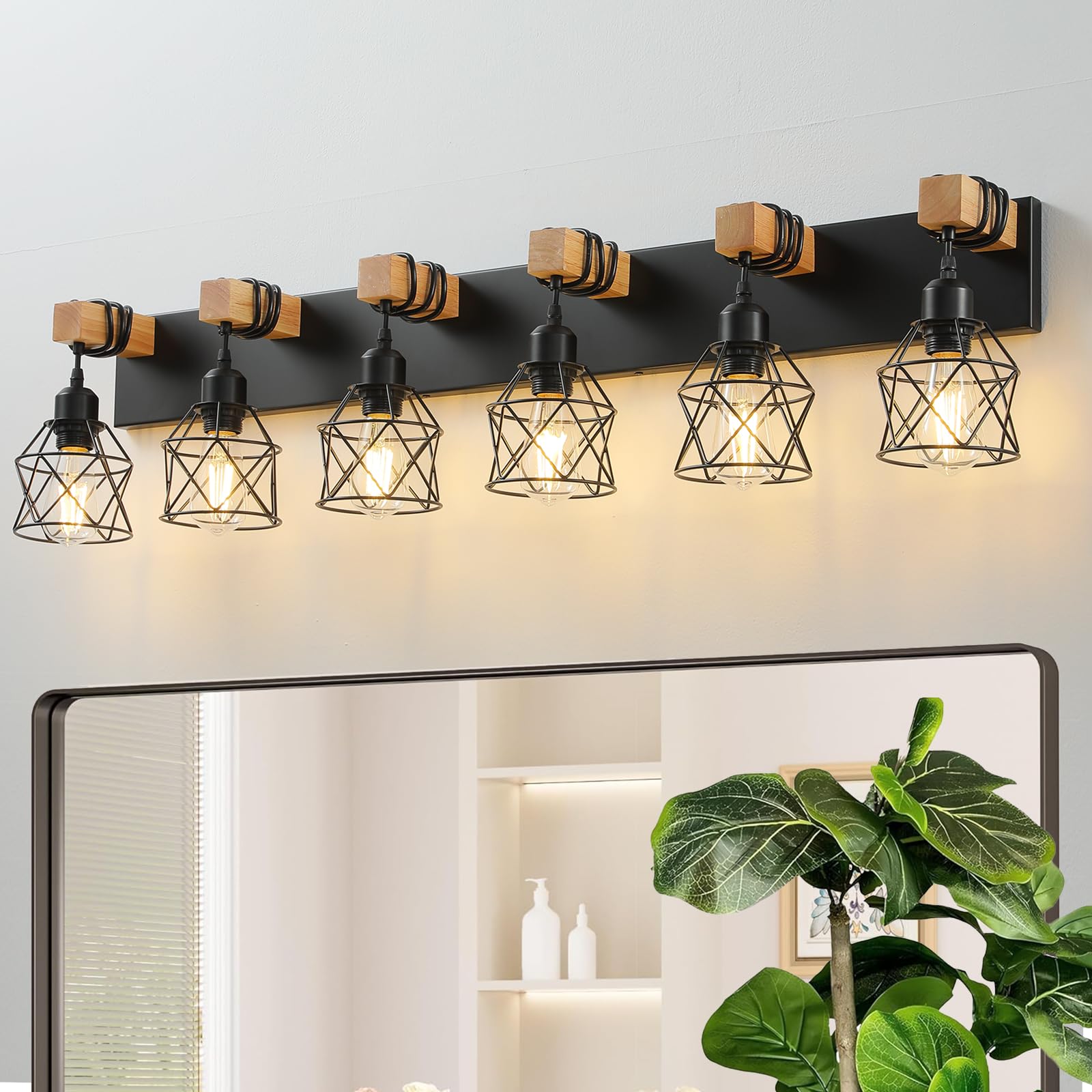 Farmhouse Vanity Light Fixture,6-Light Bathroom Lighting,Black Industrial Wood Wall Light