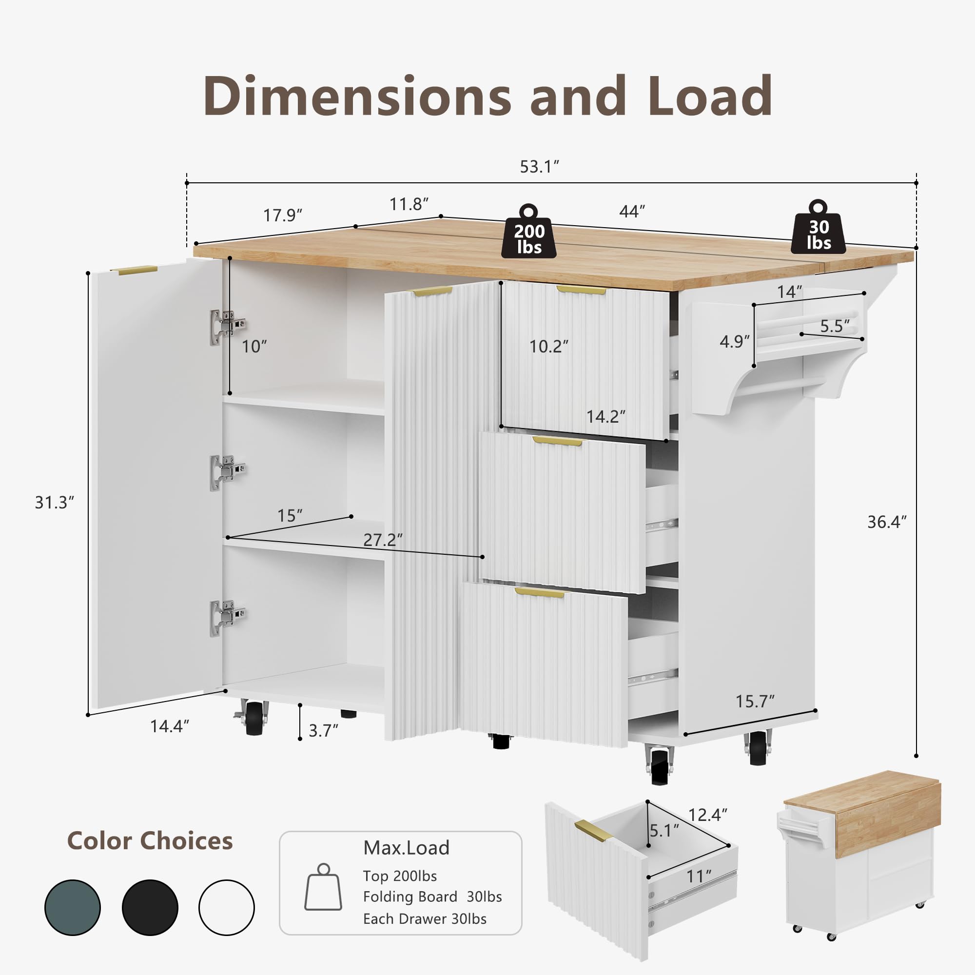 win2win Rolling Kitchen Island with Storage, Portable Kitchen Island with Drop Leaf Breakfast Bar, Modern Farmhouse Bar Cart on Wheels with Fluted Design, Towel Rack, Spice Rack, White