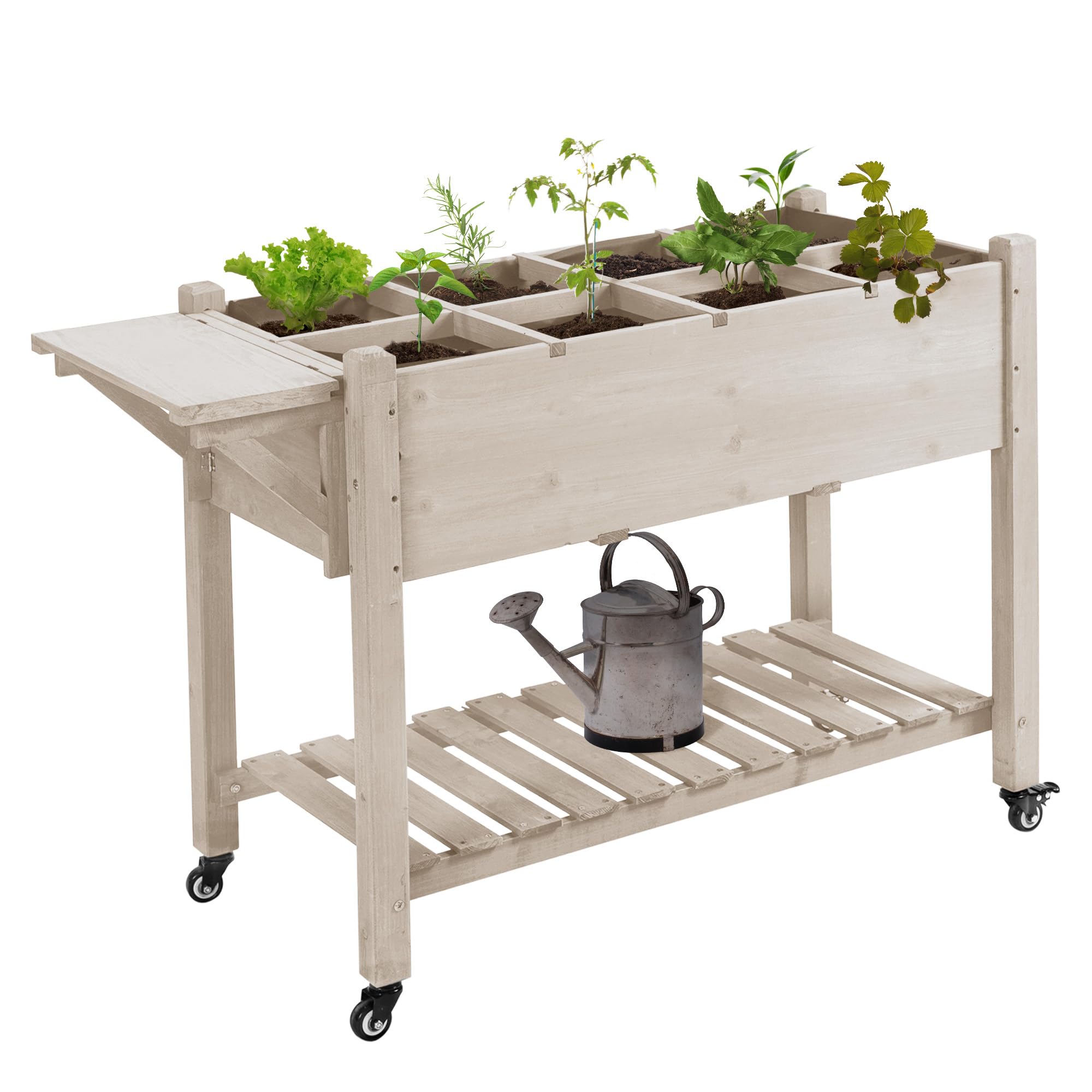 Raised Garden Bed with 8 Grow Grids, Wooden Outdoor Plant Box Stand