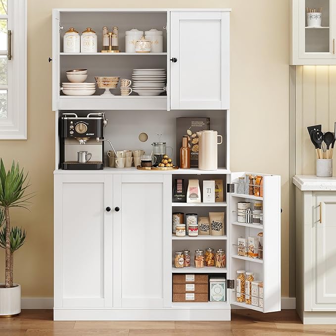 71" Tall Pantry Storage Cabinet with Microwave Stand & Door Shelf