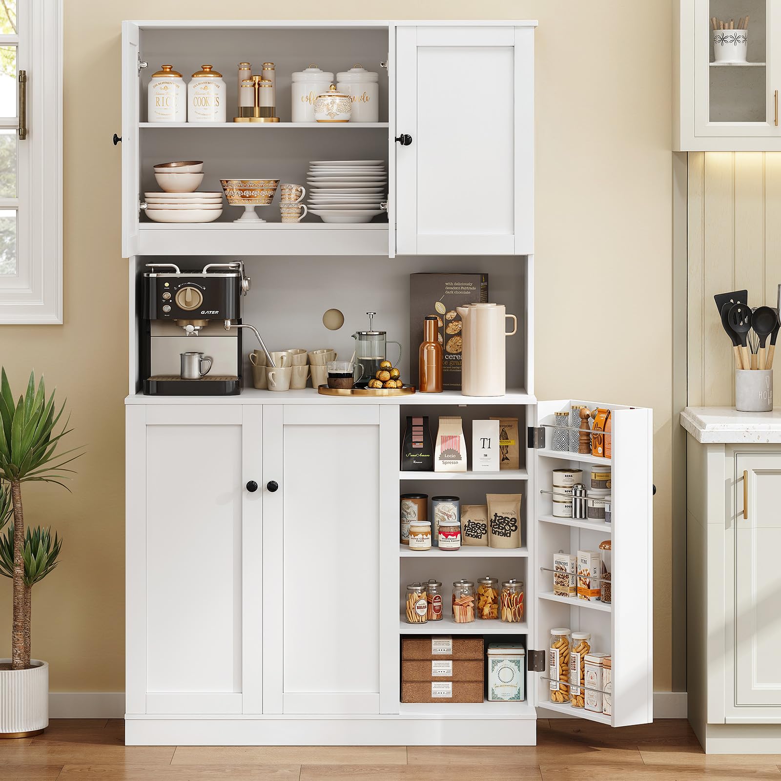 71" Tall Kitchen Pantry Storage Cabinet with Microwave Stand & Door Shelf