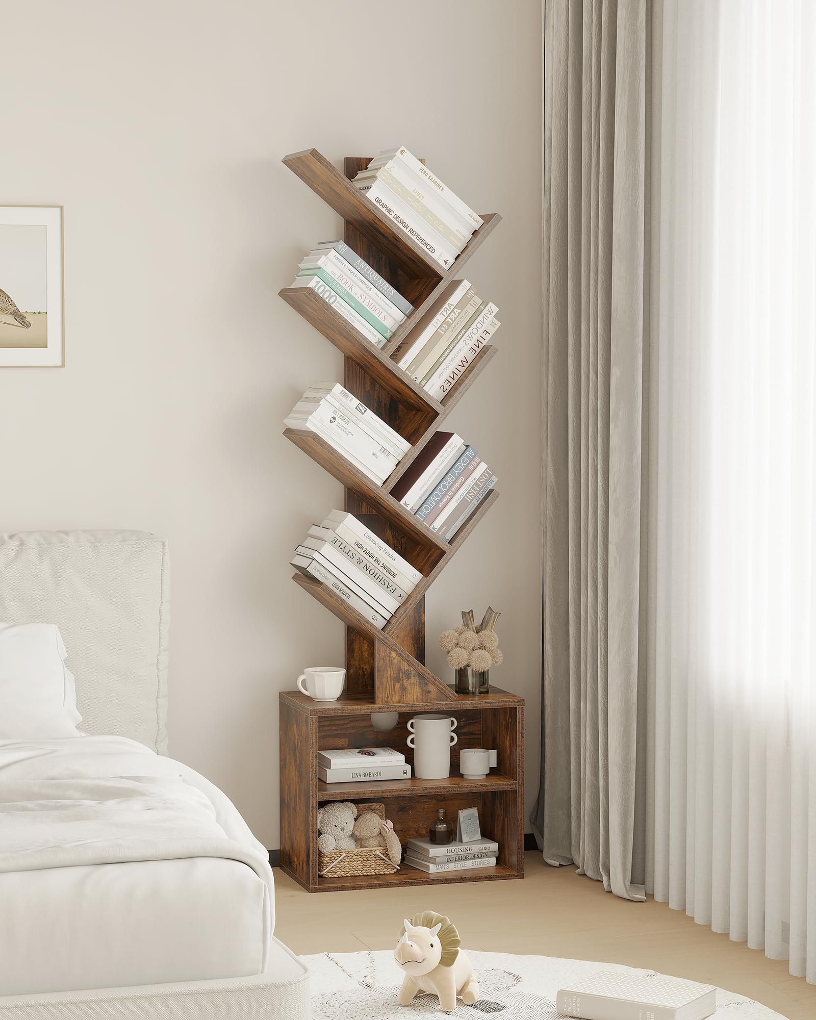 6 Tier Tree Bookshelf, Small Bookcase with Storage Cabinet, living room