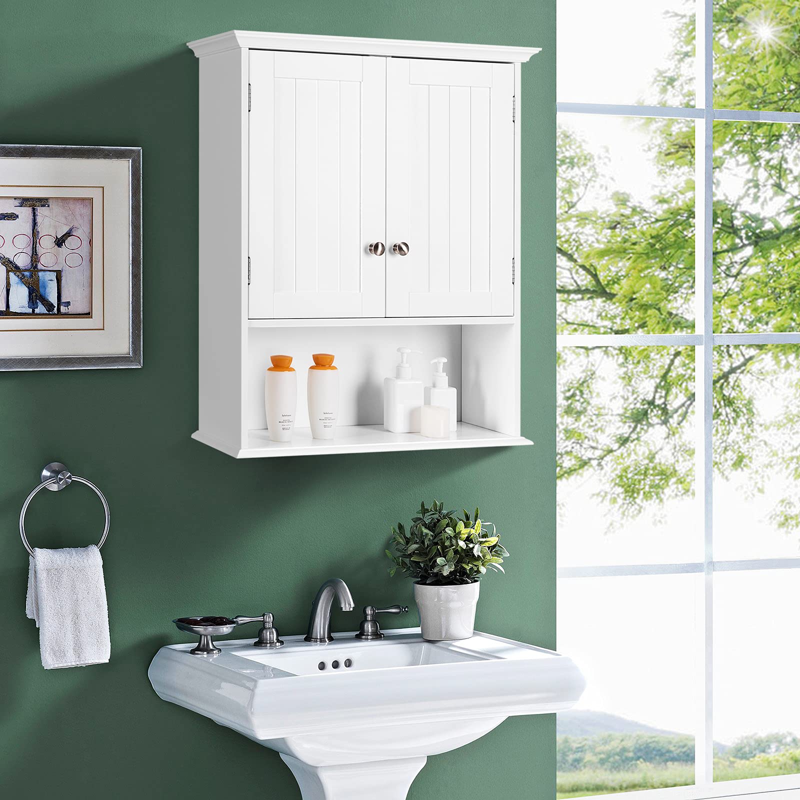 Bathroom Wall Cabinet, Wooden Hanging Storage with Doors & Shelves