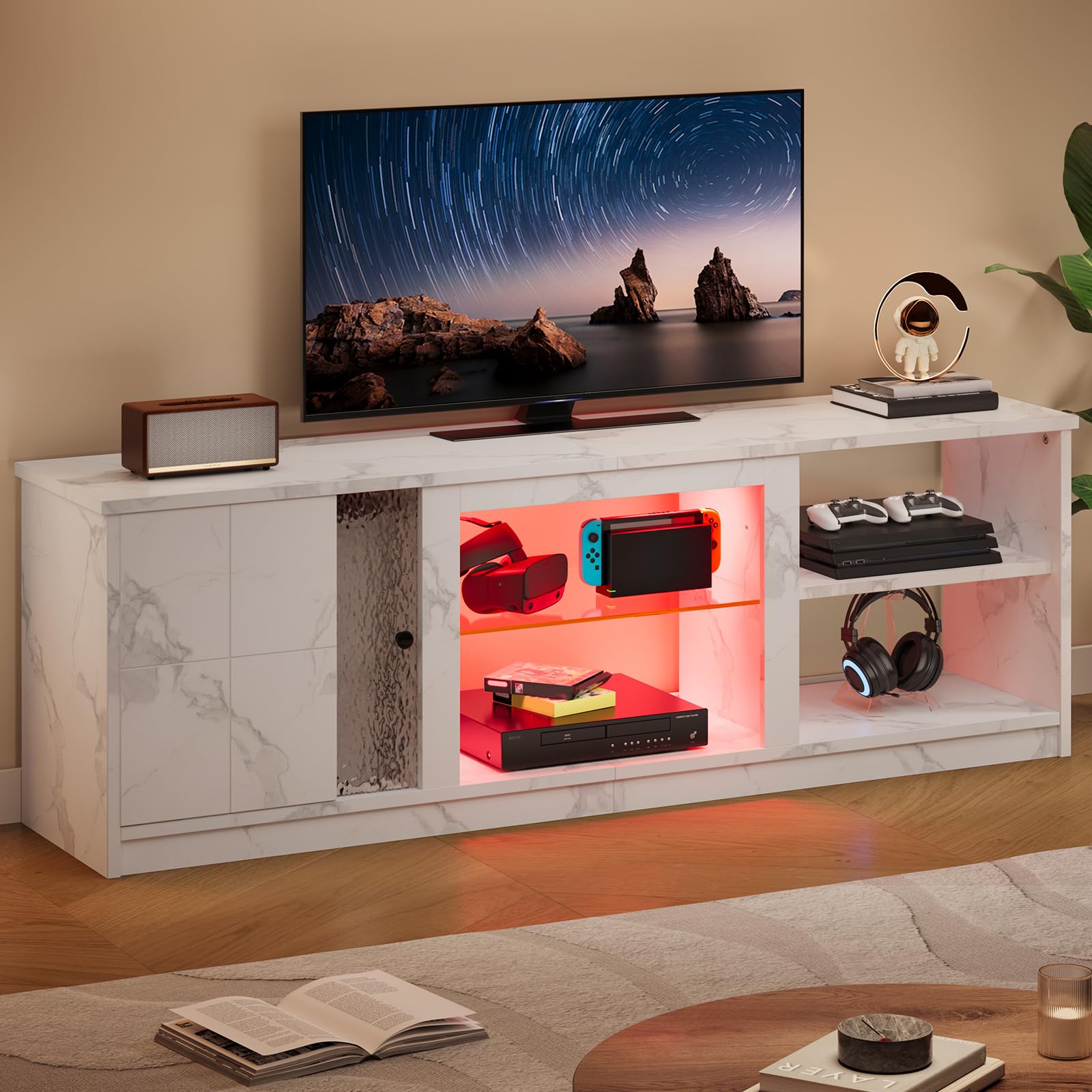 Pinmoco 63-Inch LED TV Stand for 70/55/65 Inch TV, White Gaming Entertainment Center with Cabinet, Modern Media TV Console with Adjustable Glass Shelves for Living Room, Bedroom, PS5, Xbox