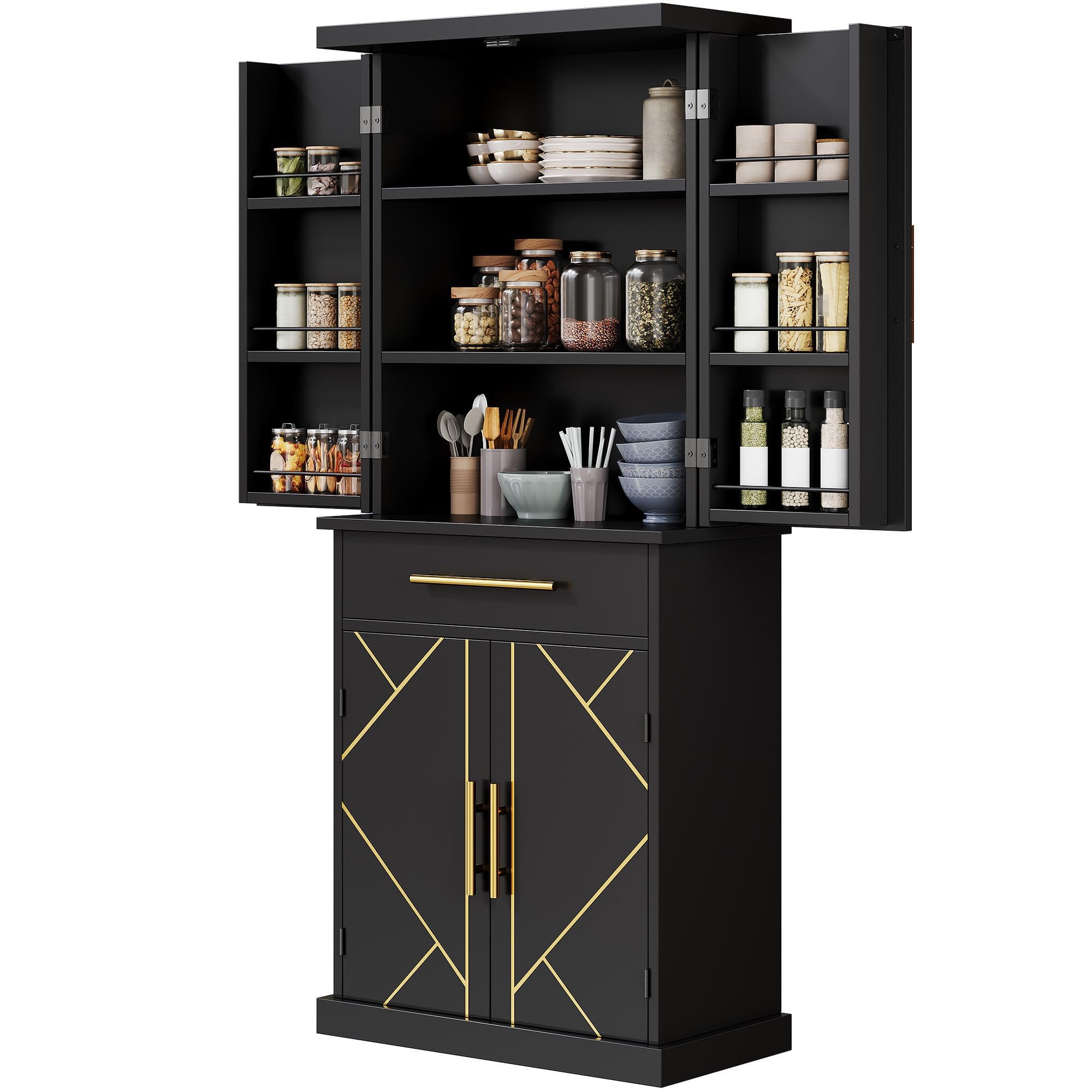 Kitchen Pantry Storage Cabinet, Tall Modern Food Buffet Cabinets with Drawer