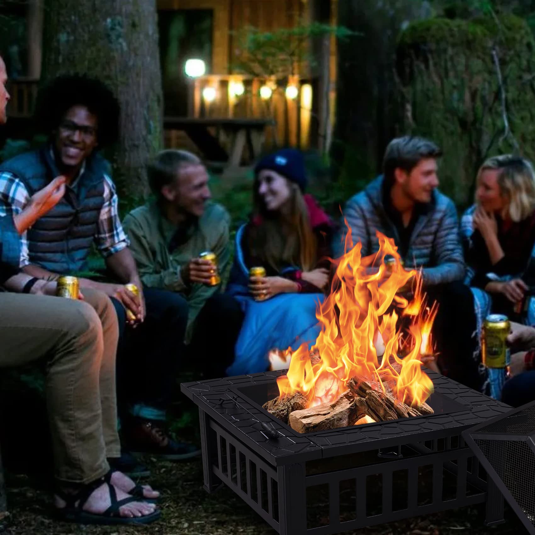 Outdoor Fire Pit Wood Burning Square FirePit for Outside Backyard Heating BBQ Drink Lawn
