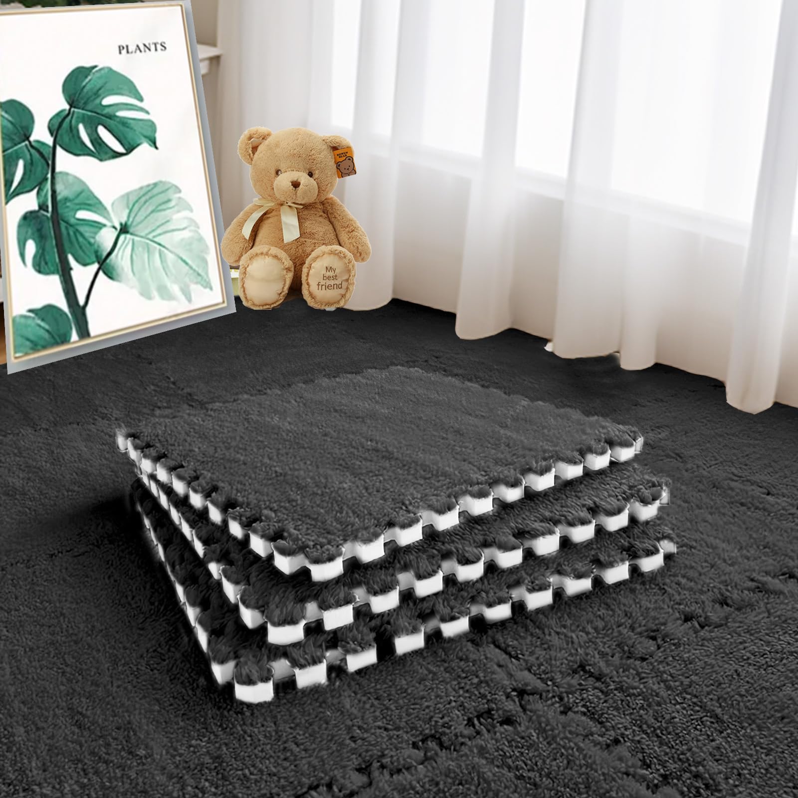 16pcs 0.6" Thickened Interlocking Tile Mats,Fluffy Shaggy Soft EVA Foam Area Rug