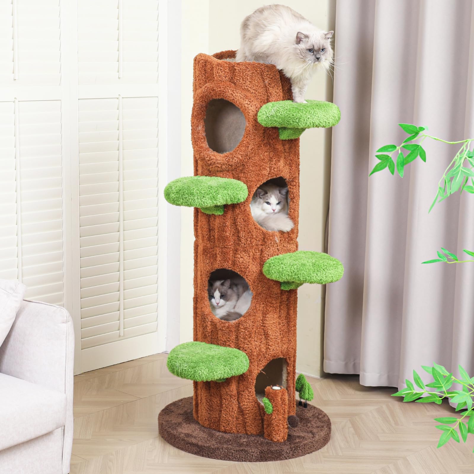 Magic Forest Cat Tree Tower, 62 inches Tall, Real Solid Wood Cat Tree