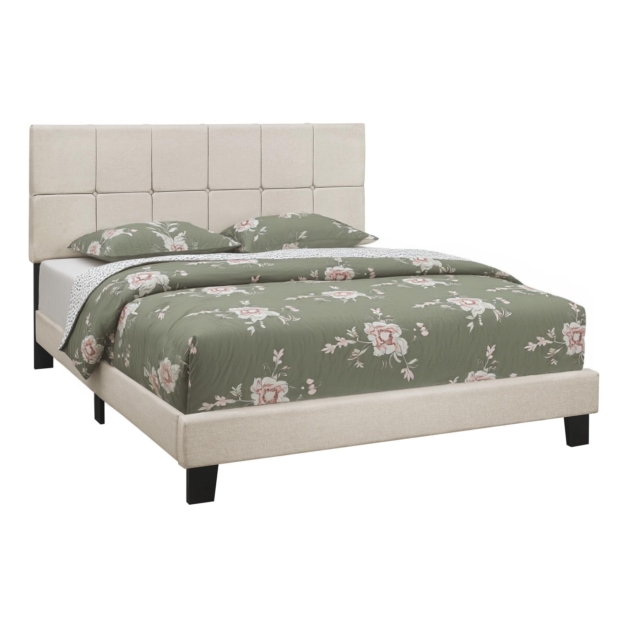 Beige Tufted Linen Queen Bed Frame