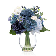Fake Flowers in Vase with Fake Water, Realistic Faux Silk Blue Rose Hydrangea Artificial