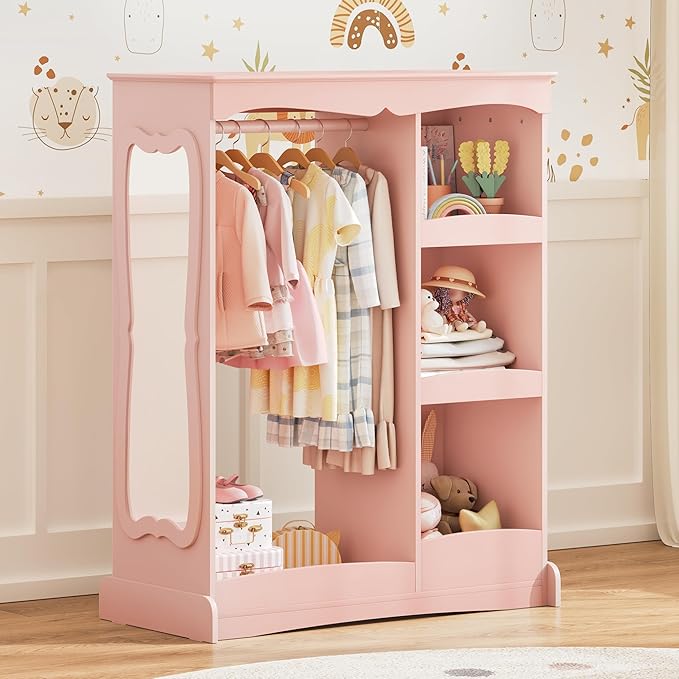 Up Storage with Flower Mirror, Open Hanging Closet Wardrobe for Children
