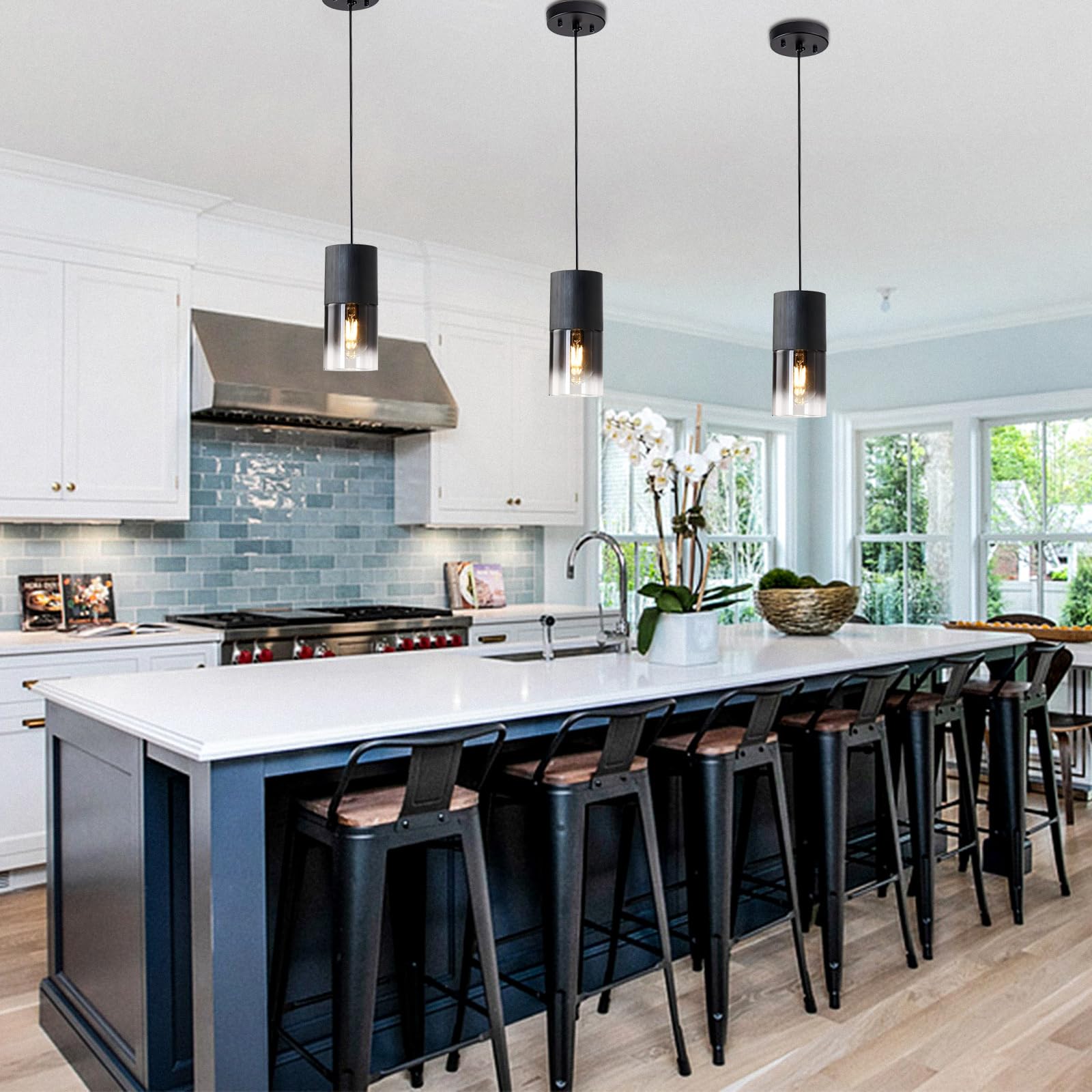 3-Pack Black Pendant Light Fixtures, Adjustable Modern Pendant Lights for Kitchen Island