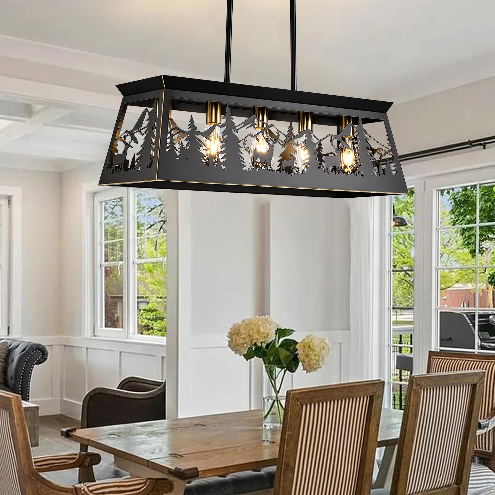 Island Lighting,L32-Inch 5-Light Black Farmhouse Rectangular Chandelier