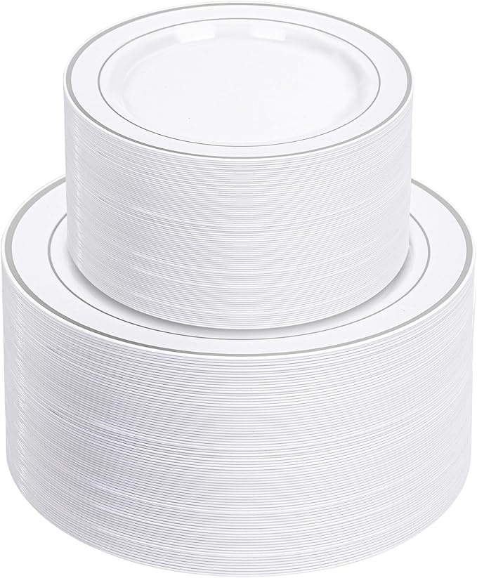 200PCS Gold Plastic Plates Disposable - 100 Dinner / 100 Dessert Plates Heavy Duty
