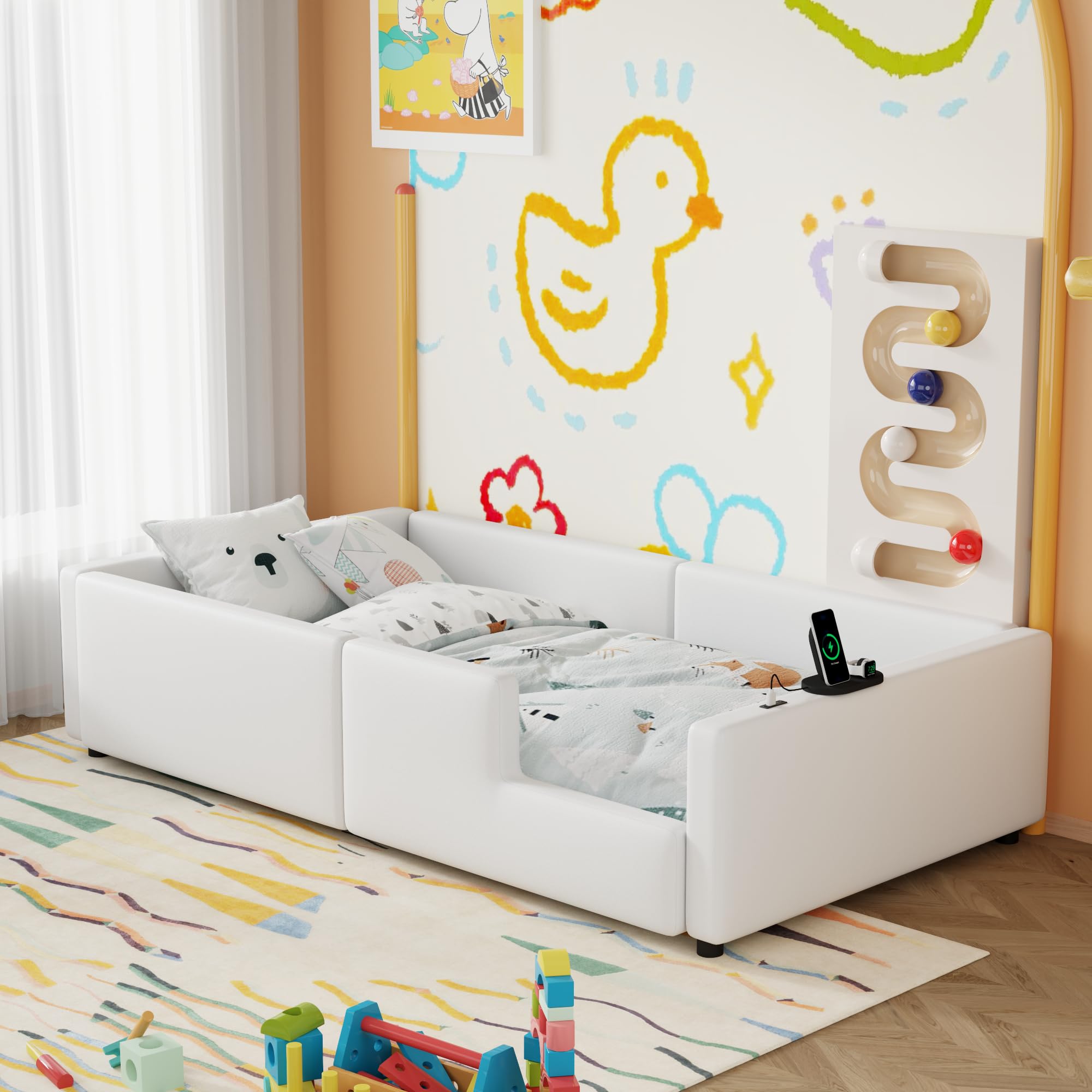 Twin Size Upholstered Floor Bed with Guardrail, Cute Platform Bed