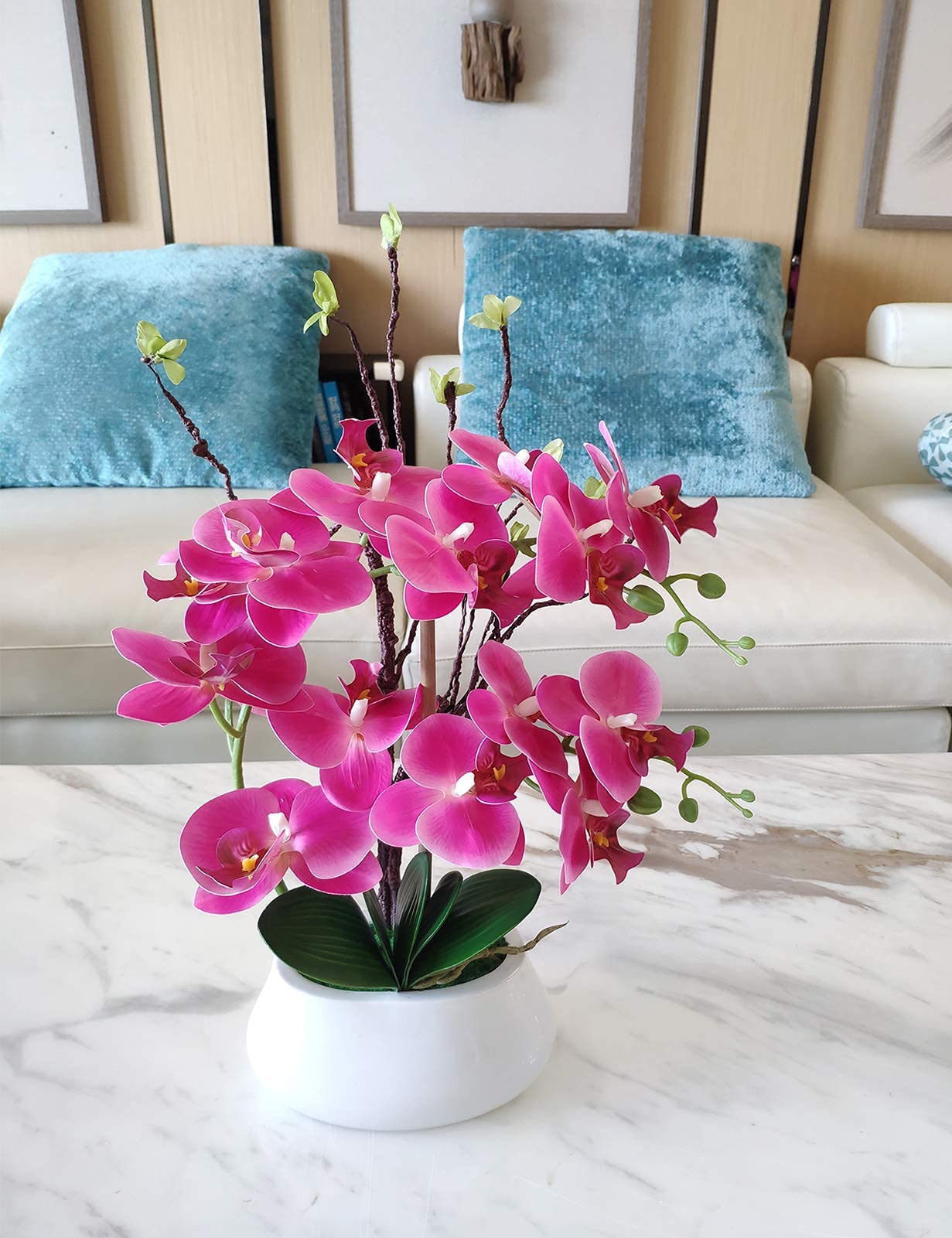 Artificial Orchid Plants and Flowers with Vase, Fake Faux Orchid in Ceramic Pot,17”, Fuchsia