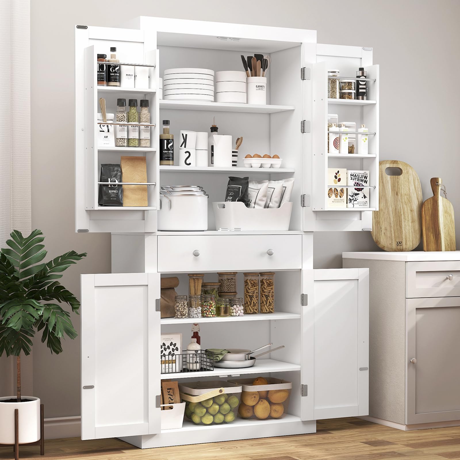 72” Pantry Cabinet, Tall Kitchen Storage Cabinet with 4 Doors and 1 Drawer, Cupboard