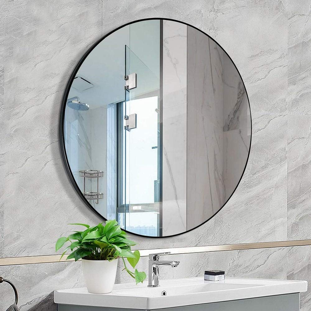 42" Round Wall Mirror, Metal Frame Circle Bathroom Mirror