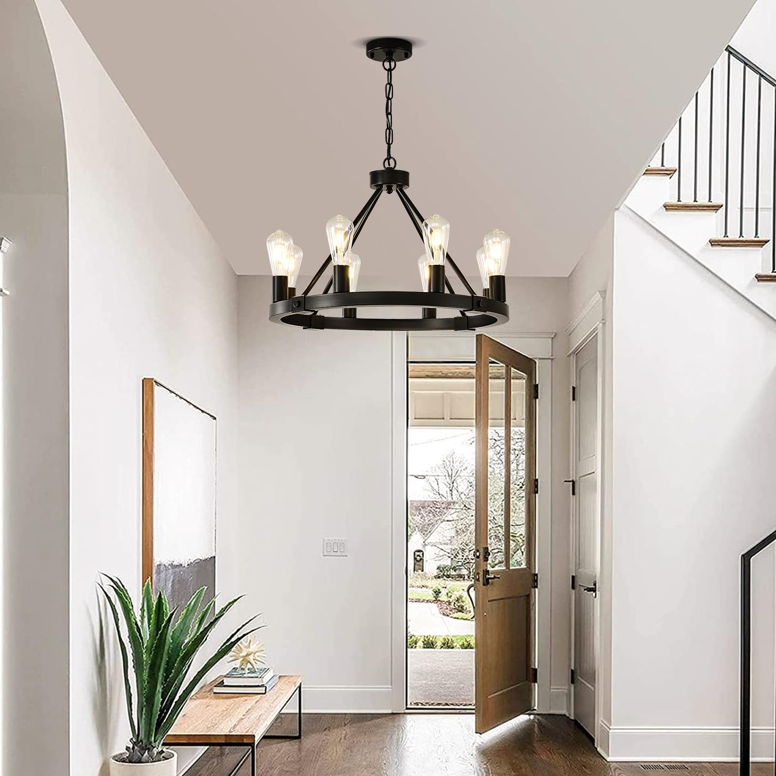 Black Modern Farmhouse Wagon Wheel Chandelier for Dining Room Light