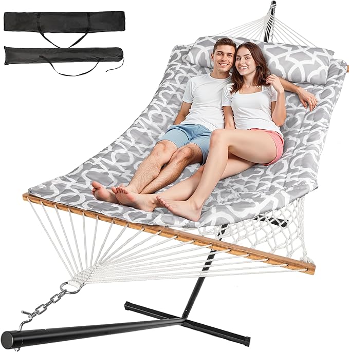 Double Hammock with Stand, 2 Person Cotton Rope Hammock