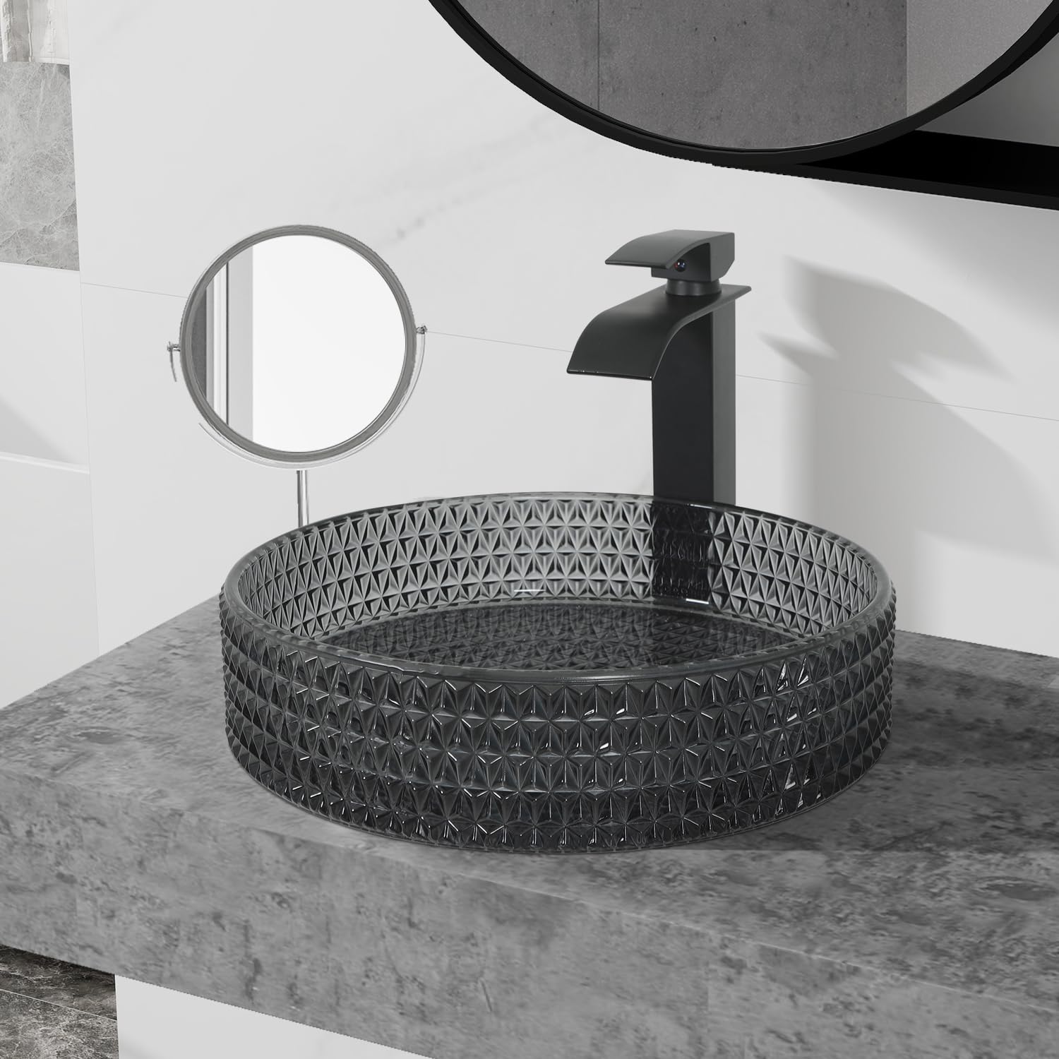 Diamond Shape Bathroom Crystal Glass Vessel Sink with Black Faucet and Pop-up Drain