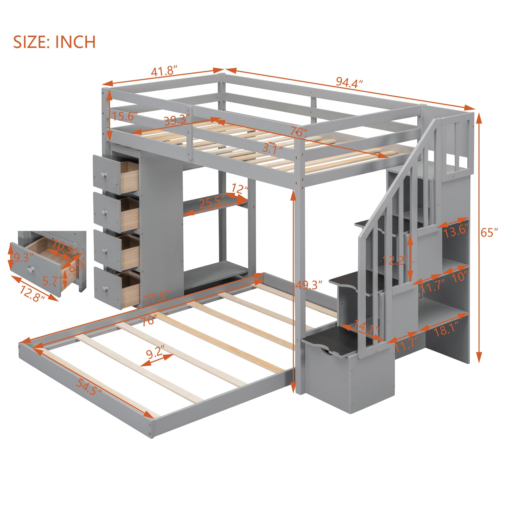 Twin Over Full Bunk Bed with 3-Layer Shelves,Wood L-Shape High Loftbed Frame