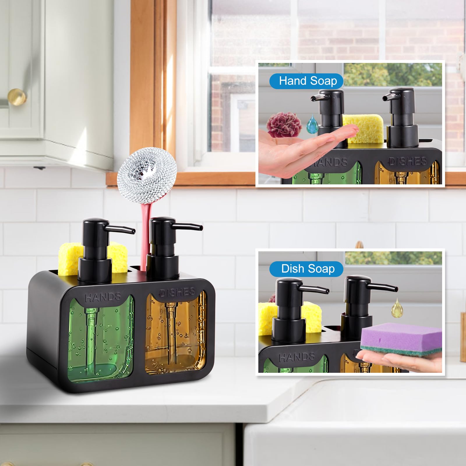 Kitchen Soap Dispenser Set, with Hand and Dish Soap, Sponge Caddy and Brush Holder