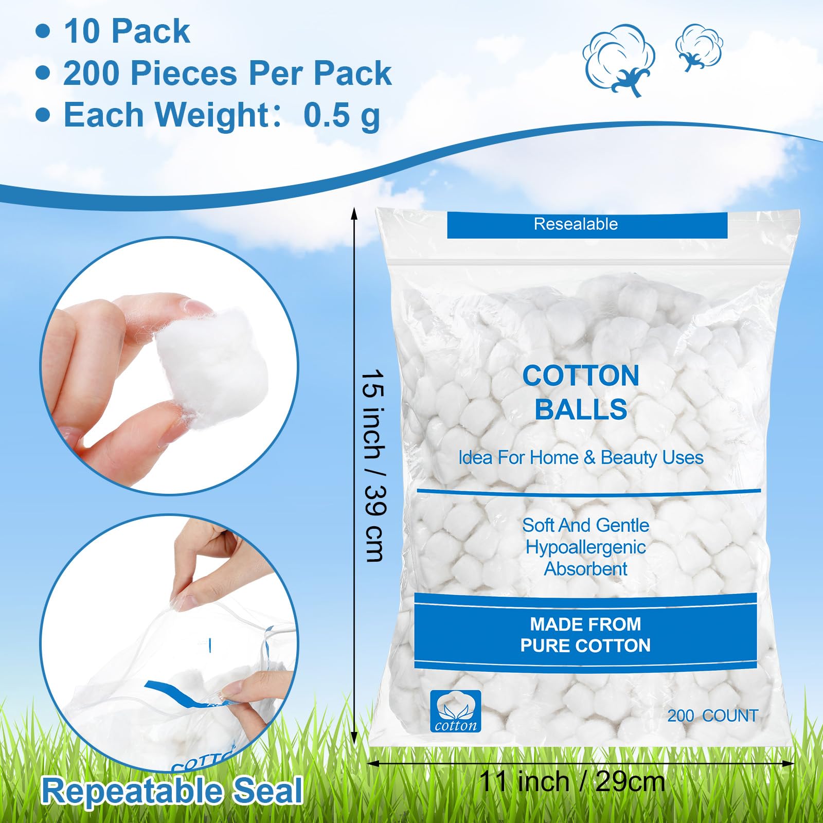 Heigble 2000 Pcs Soft Cotton Ball Bulk Organic Medium Cotton Ball for Absorbent Multipurpose Pure Nail Polish Remover Makeup Removal First Aid Face Crafting Cleaning Skin Applying Lotion