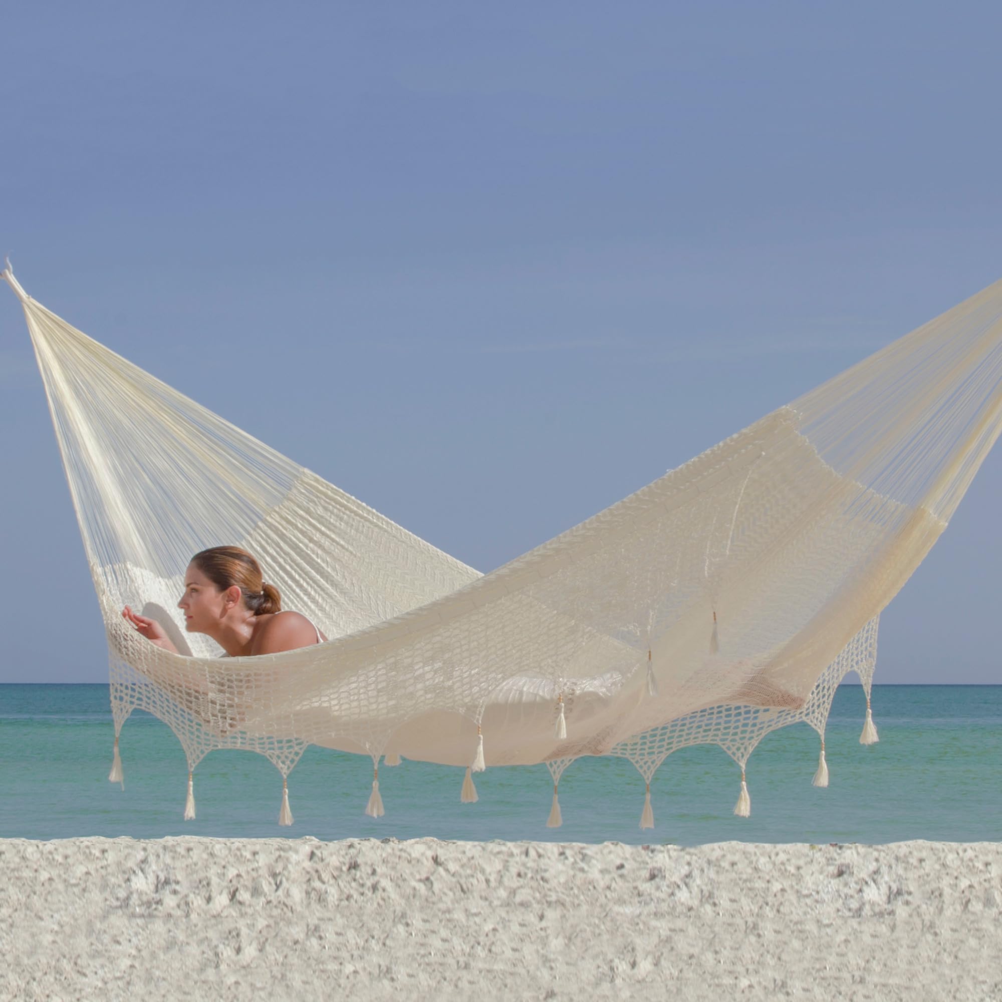 Handmade Hammock Solid Rope with Tassels Triple Ivory