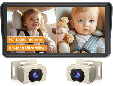 2-Kids Baby Car Camera for Seat: 6.9 Inch Ultrawide Display with Two Cameras Rear Facing