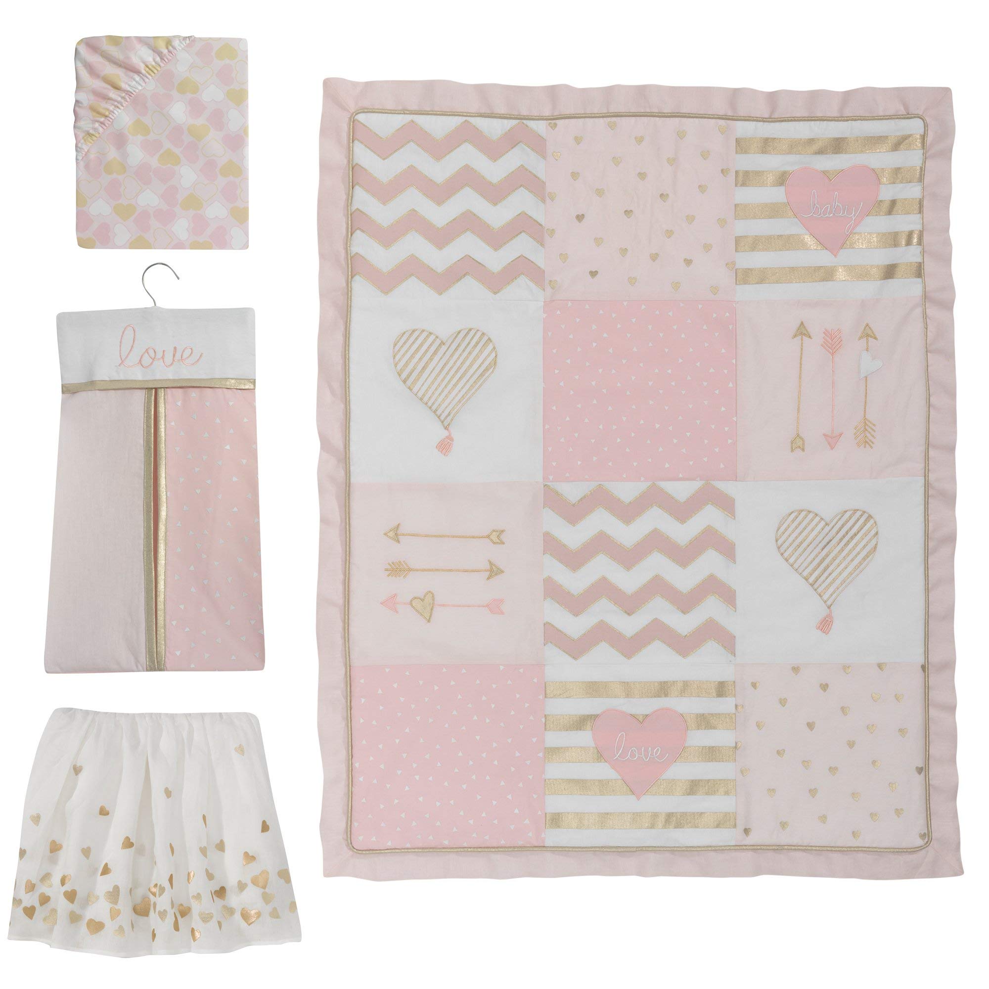 Love Pink/Gold Girl Heart 4 Piece Crib Bedding Set