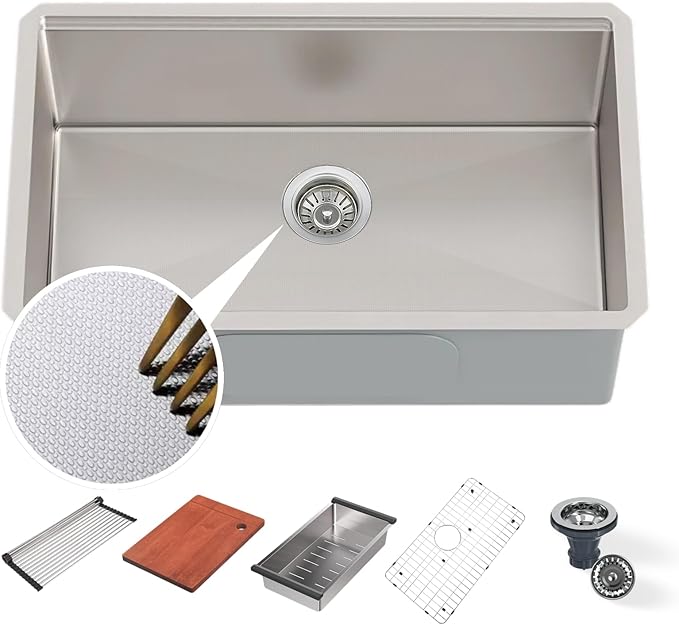 30" x 19" Kitchen Workstation Sink - 10" Deep Basin, 3D Embossed Undermount