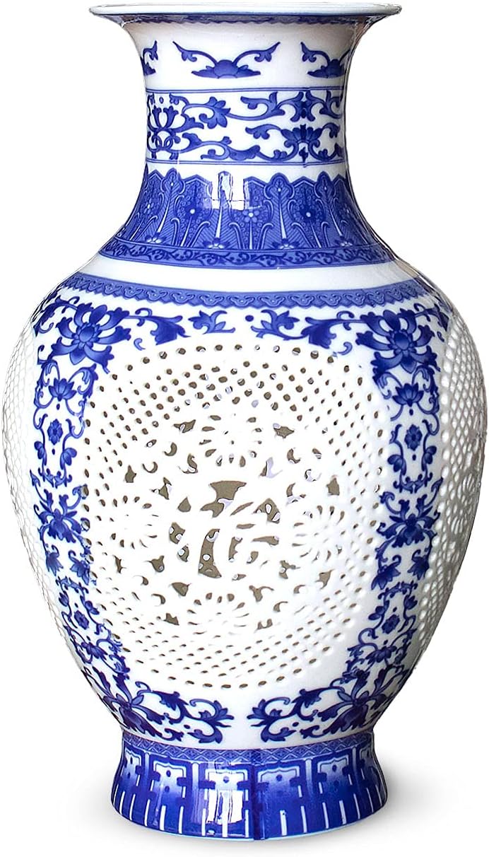 Blue and White Vase, Handmade Chinese Porcelain Flower Vase, Hollow Carved