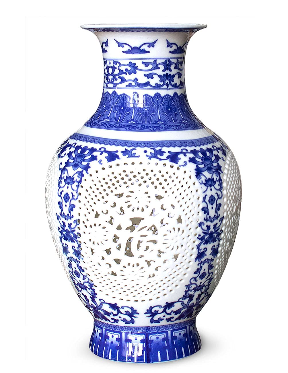 Blue and White Vase, Handmade Chinese Porcelain Flower Vase, Hollow Carved