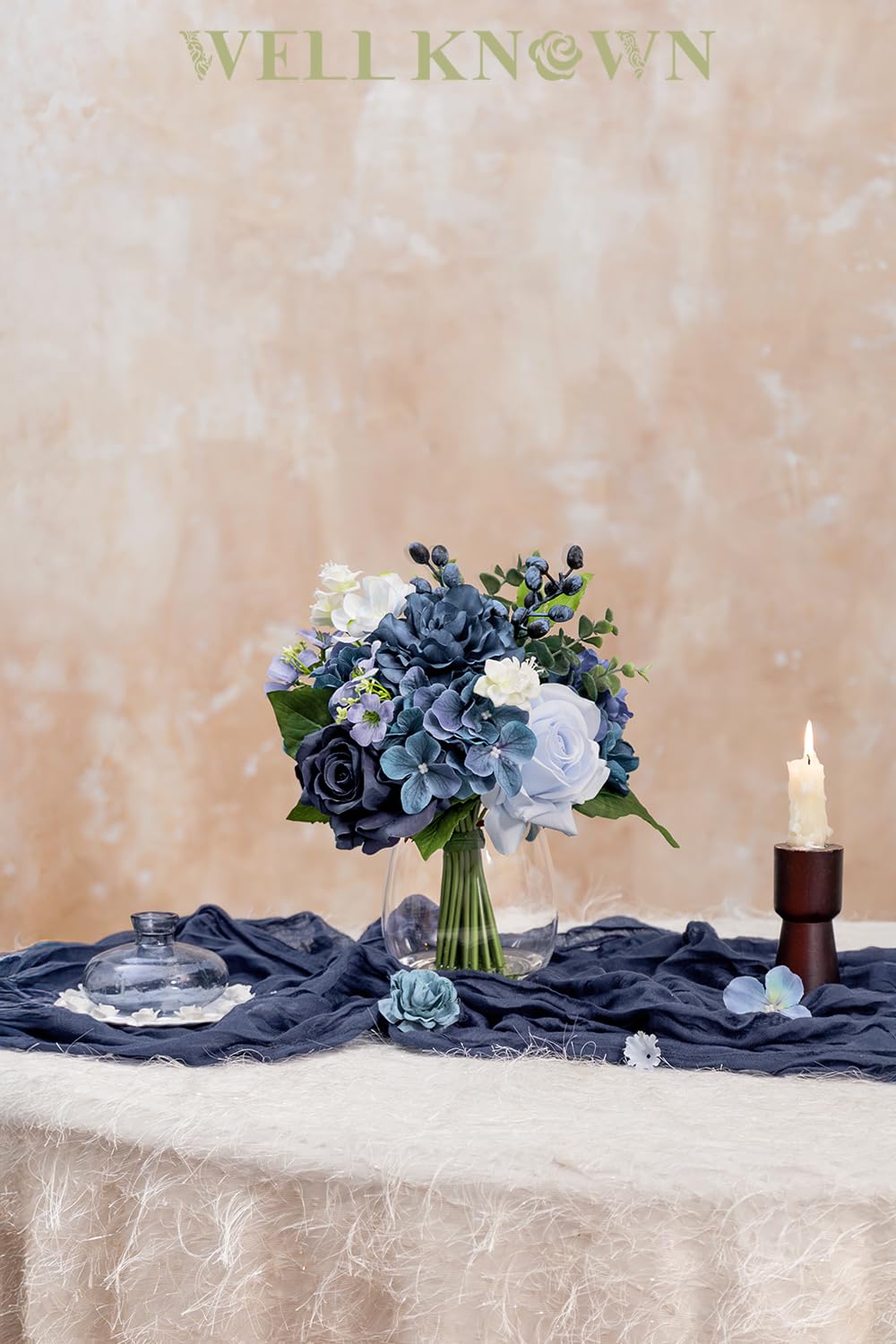 Fake Flowers in Vase with Fake Water, Realistic Faux Silk Blue Rose Hydrangea Artificial