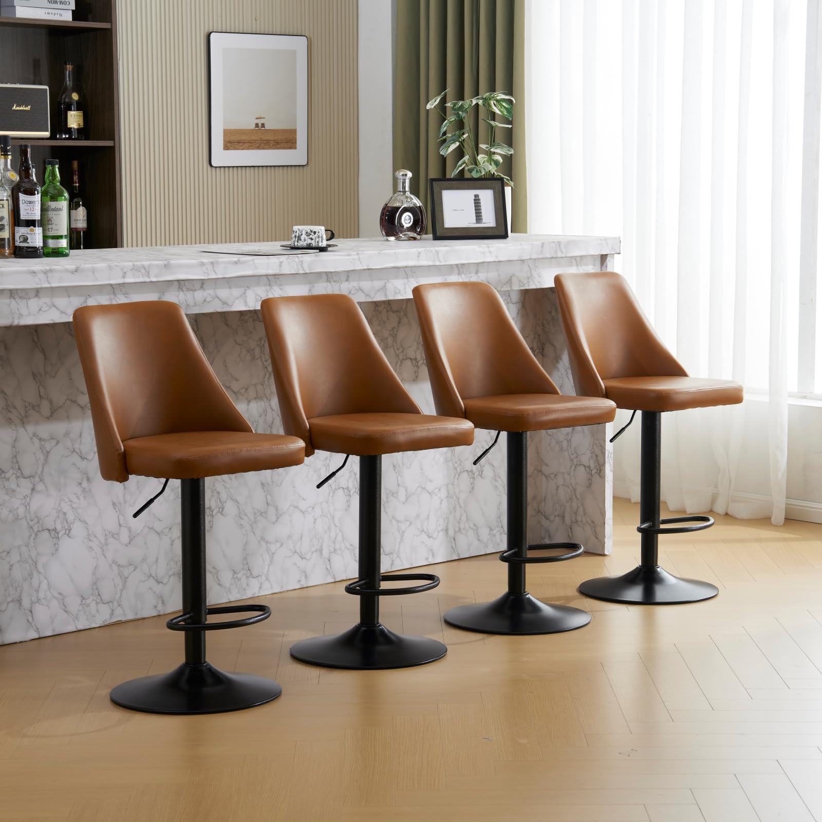 Bar Stools, Set of 2 Bar Chairs with Footrest, Black Steel Frame