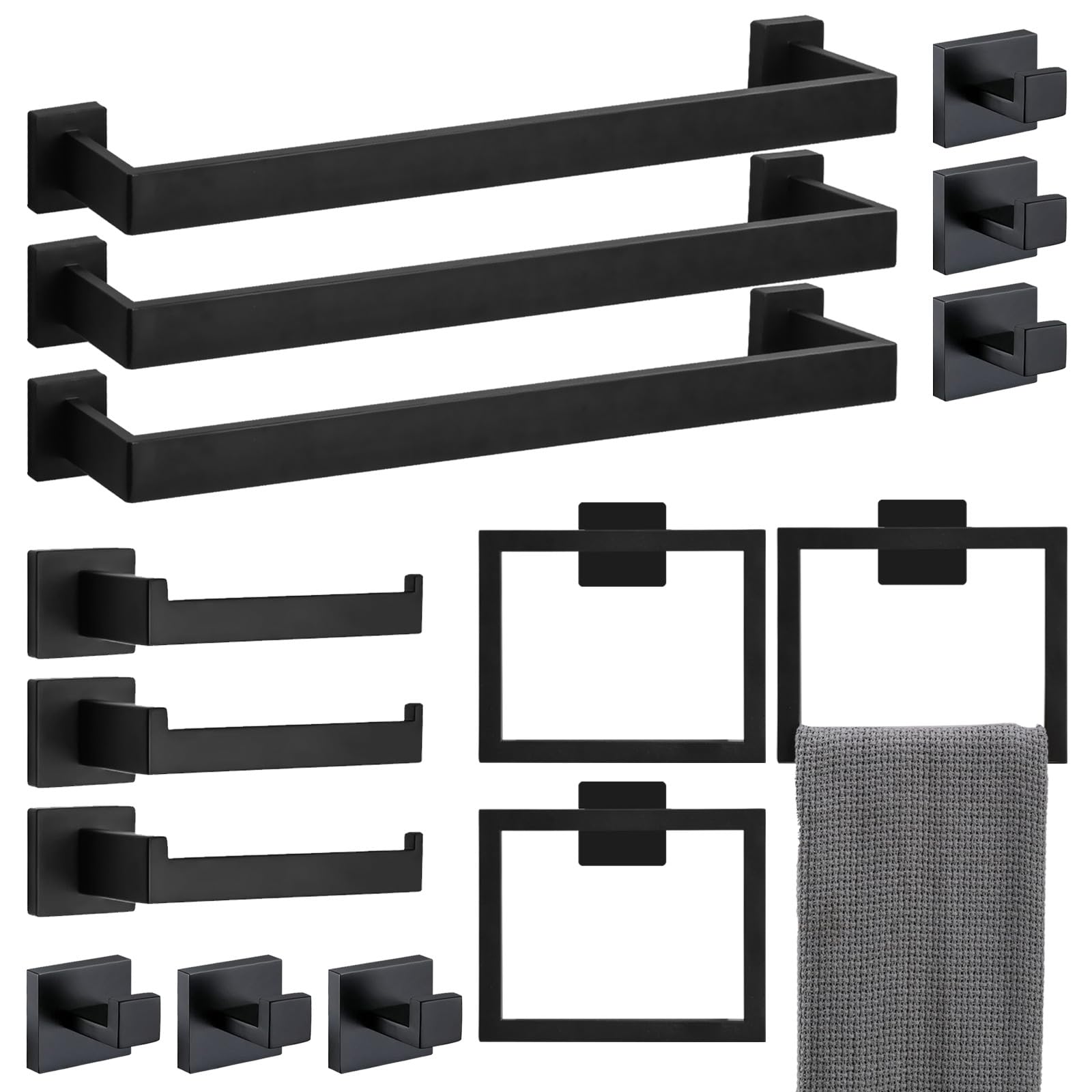 15 Pieces 23.6-Inch Bathroom Hardware Accessories Set,Black TStainless Steel Bathroom