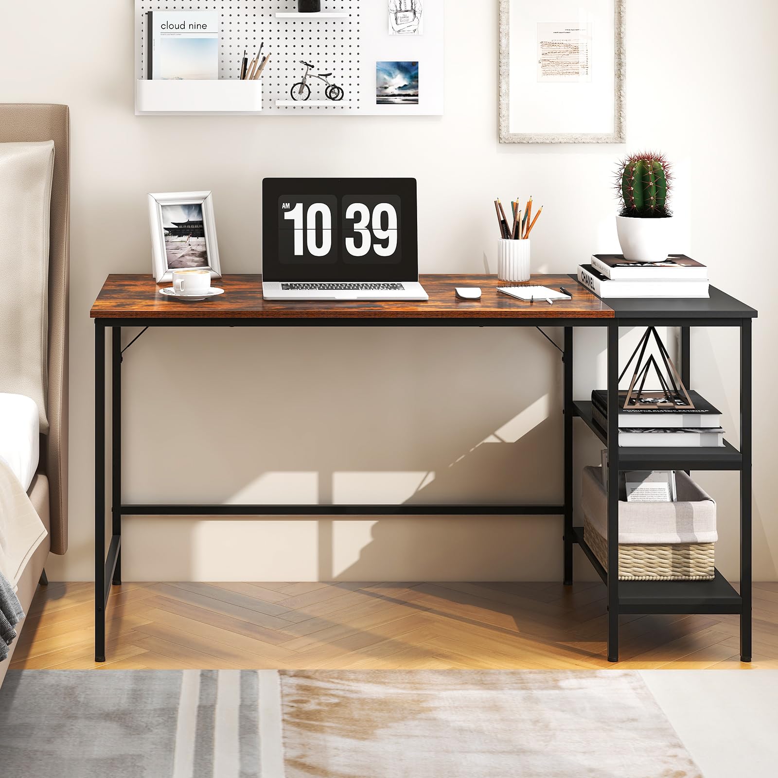 55’’ Computer Desk, Large Writing Desk with Open Shelves & Steel Frame