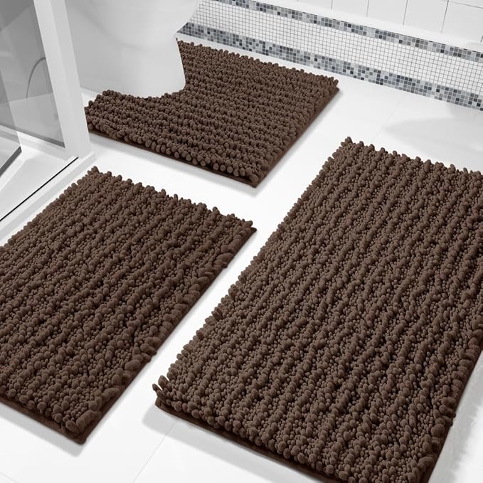 Bathroom Rugs Sets 3 Piece, Fluffy Plush Chenille Bath Room Mats Set