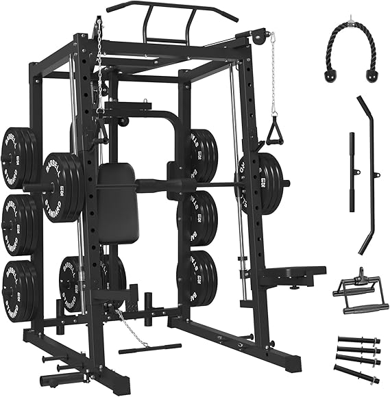 Smith Machine Home Gym, 2000LBS Power Cage with Cable Crossover System,