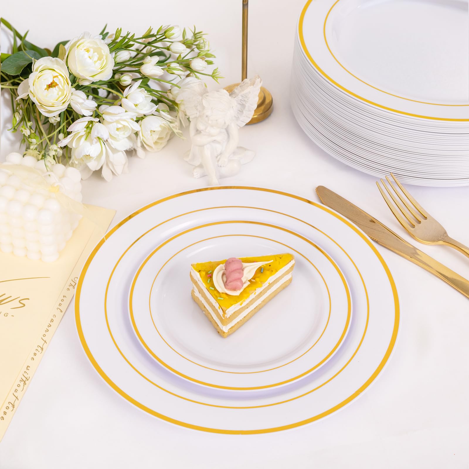 200PCS Gold Plastic Plates Disposable - 100 Dinner / 100 Dessert Plates Heavy Duty