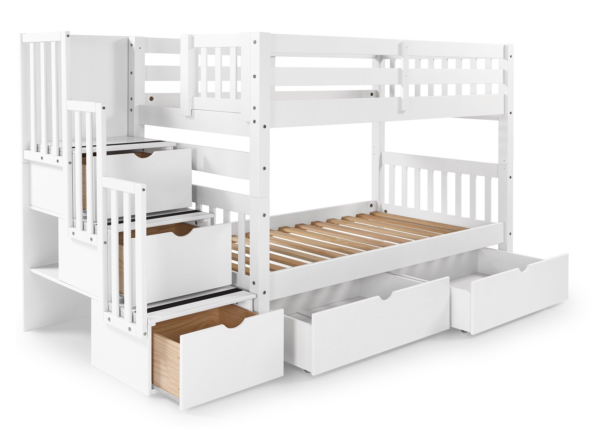 Stairway Bunk Beds Twin over Twin with 3 Drawers in the Steps and 2 Under Bed Drawers