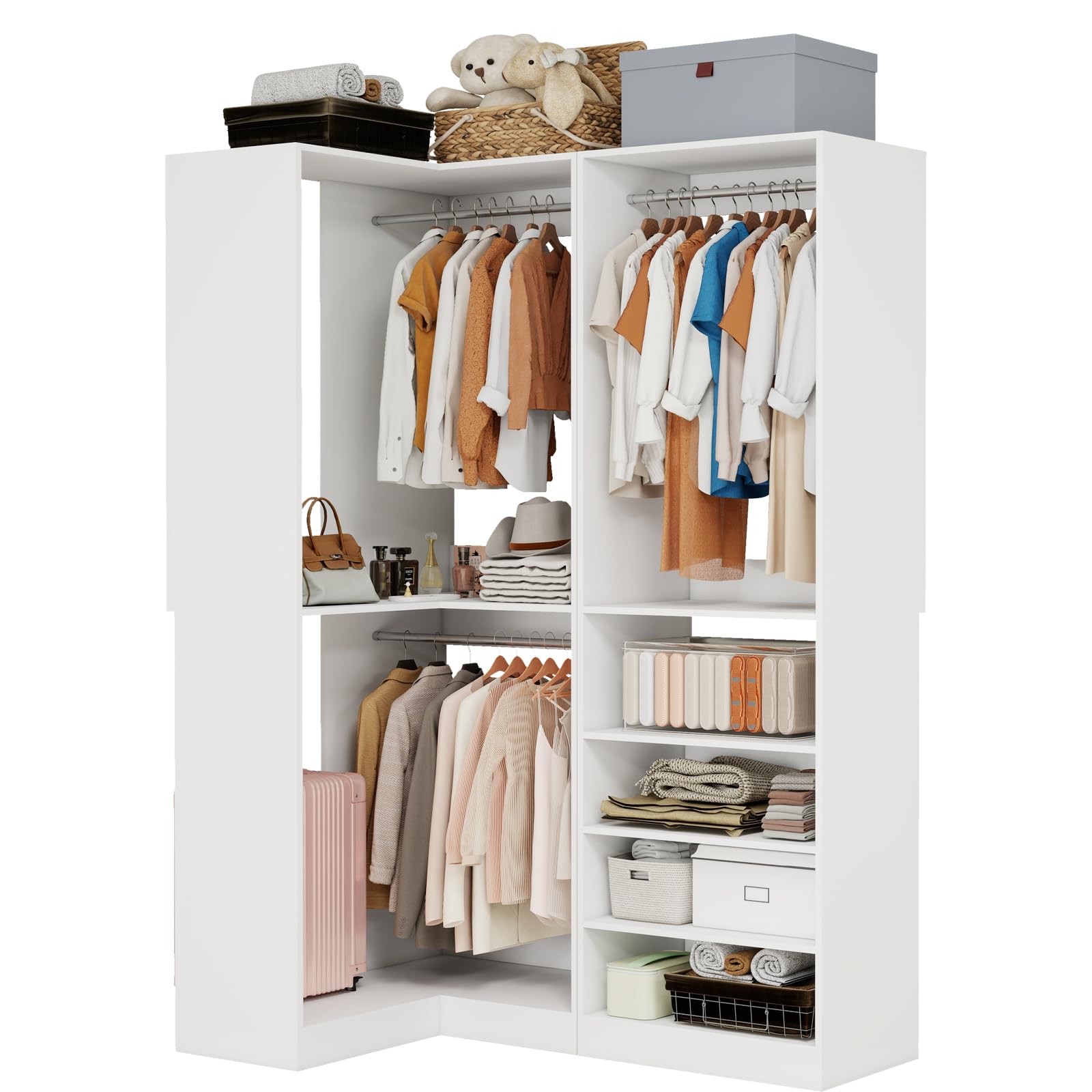 Closet System with 2 Sets, 55" Closet Organizer System with 5 Hanging Rods&