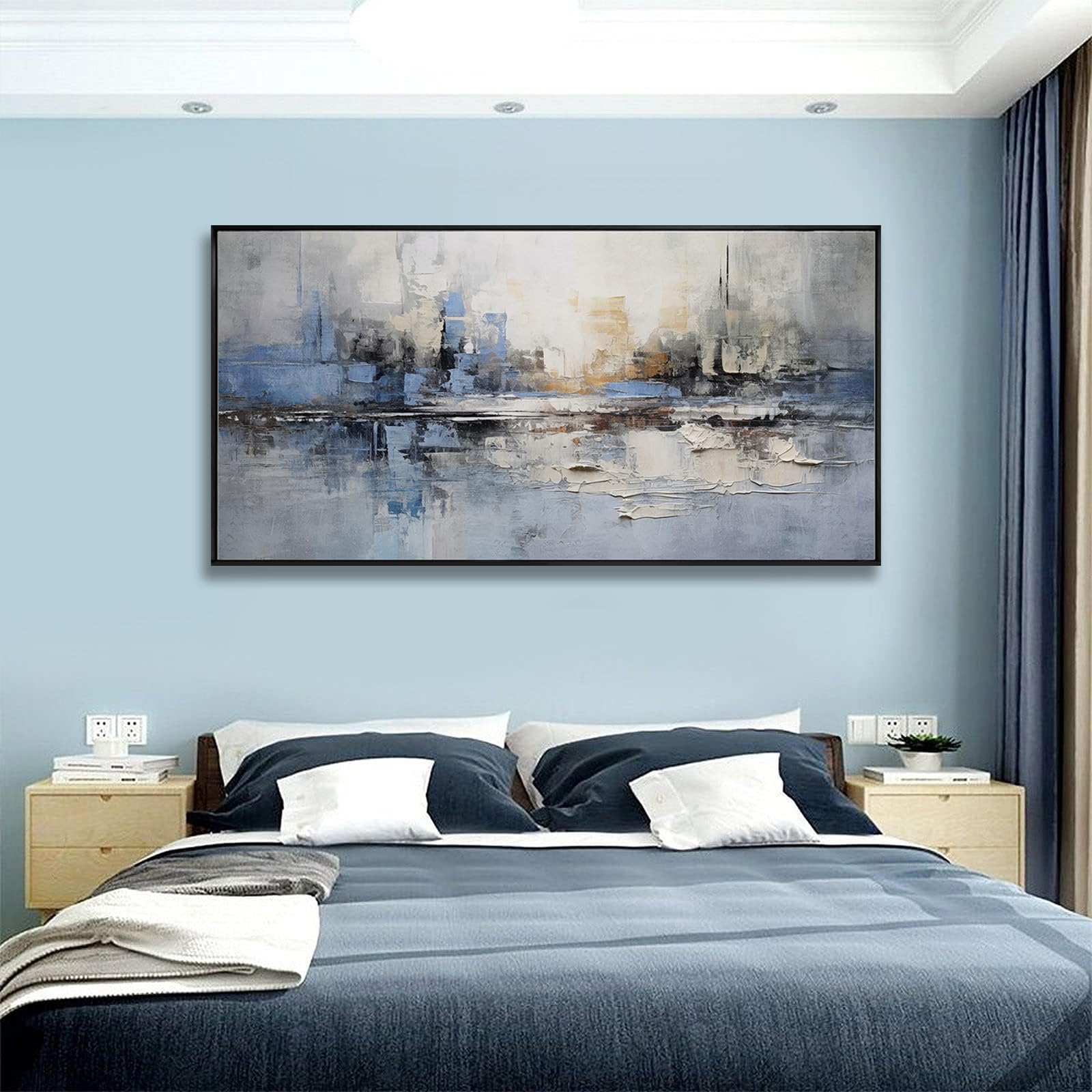 Black Line Canvas Pictures Gray Decorative Painting 29"x58" Wood Wall Art Modern Art Print