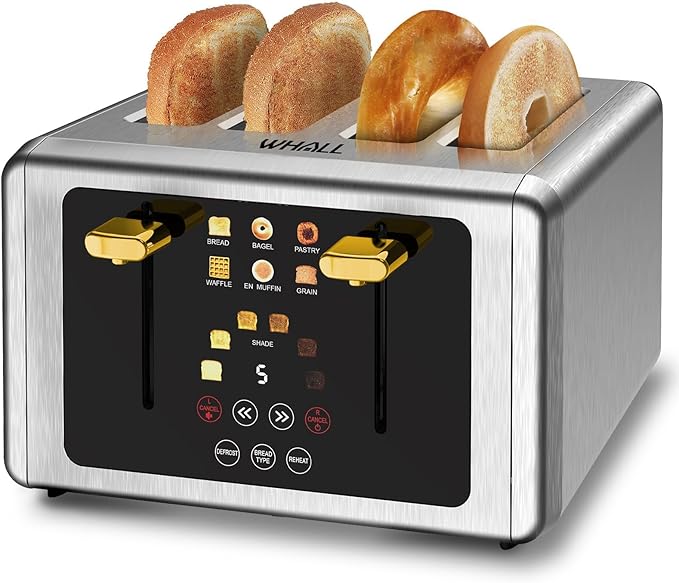 4 Slice Touch Screen Toaster, Stainless Steel Toasters Digital Timer