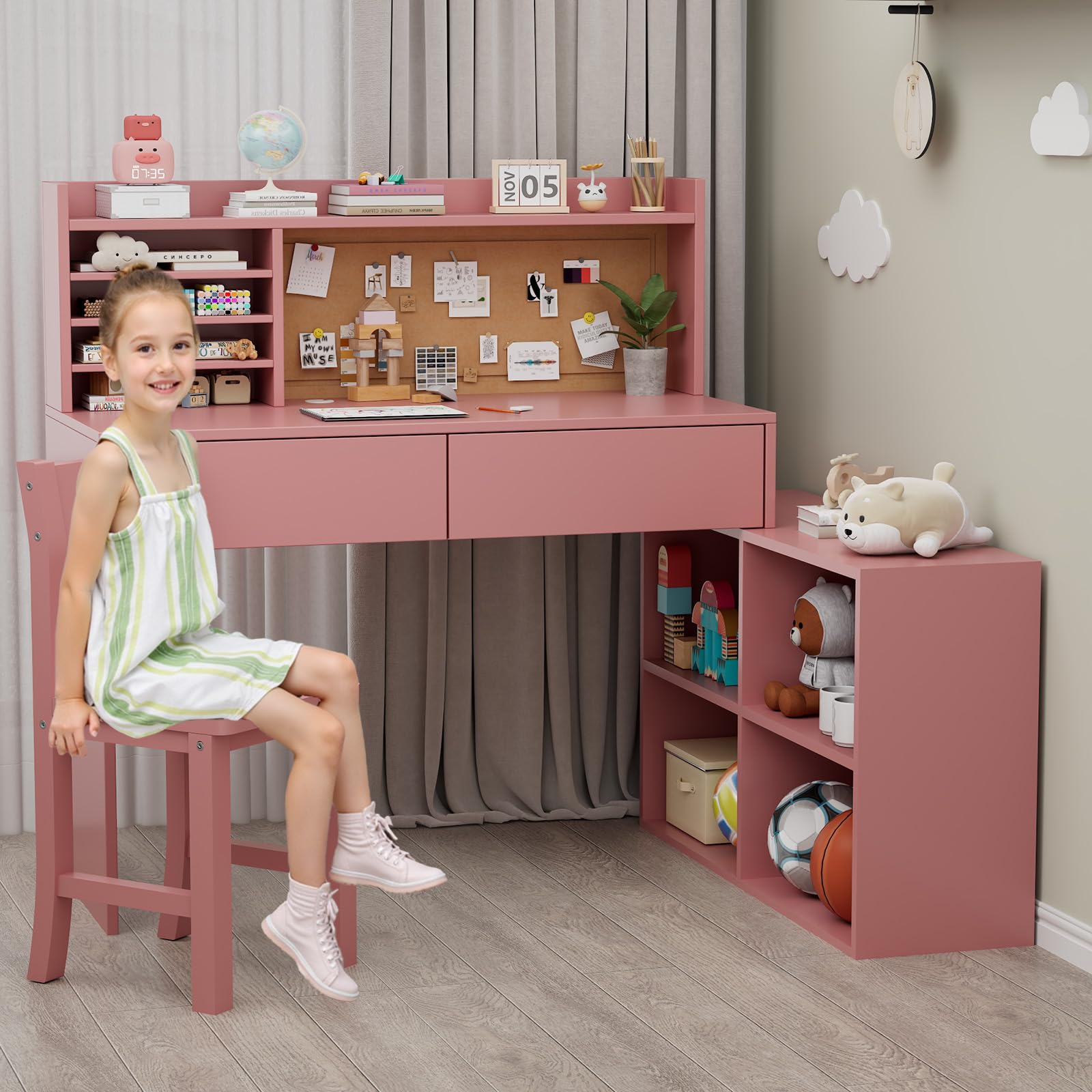 Desk and Chair Set, Kids Study Table and Chair Set with 2 Draws & 4 Cabinets