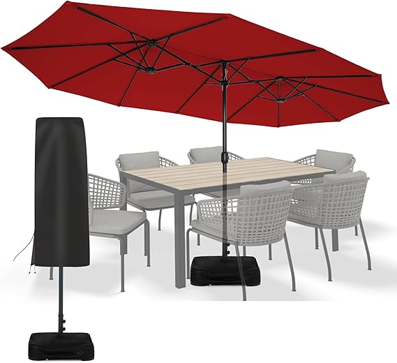 15 ft Patio Umbrella with Sand Bag Base and Cover, Large Outdoor Double-Sided Umbrella