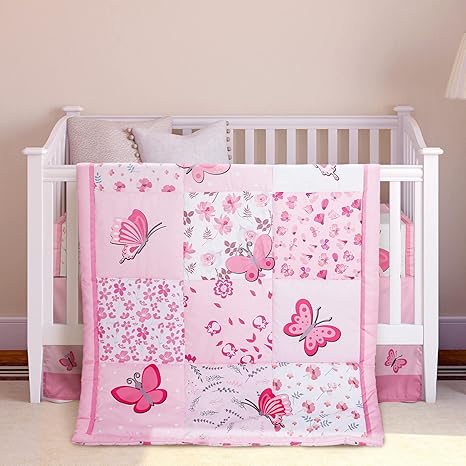 3 Pieces Butterfly Nursery Crib Bedding Set for Girls, Standard Size Bedding
